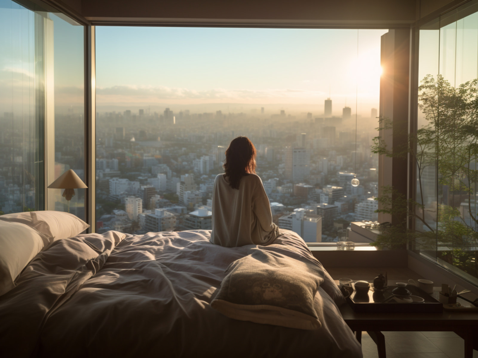 Hotel bedroom at sunrise overlooking a city