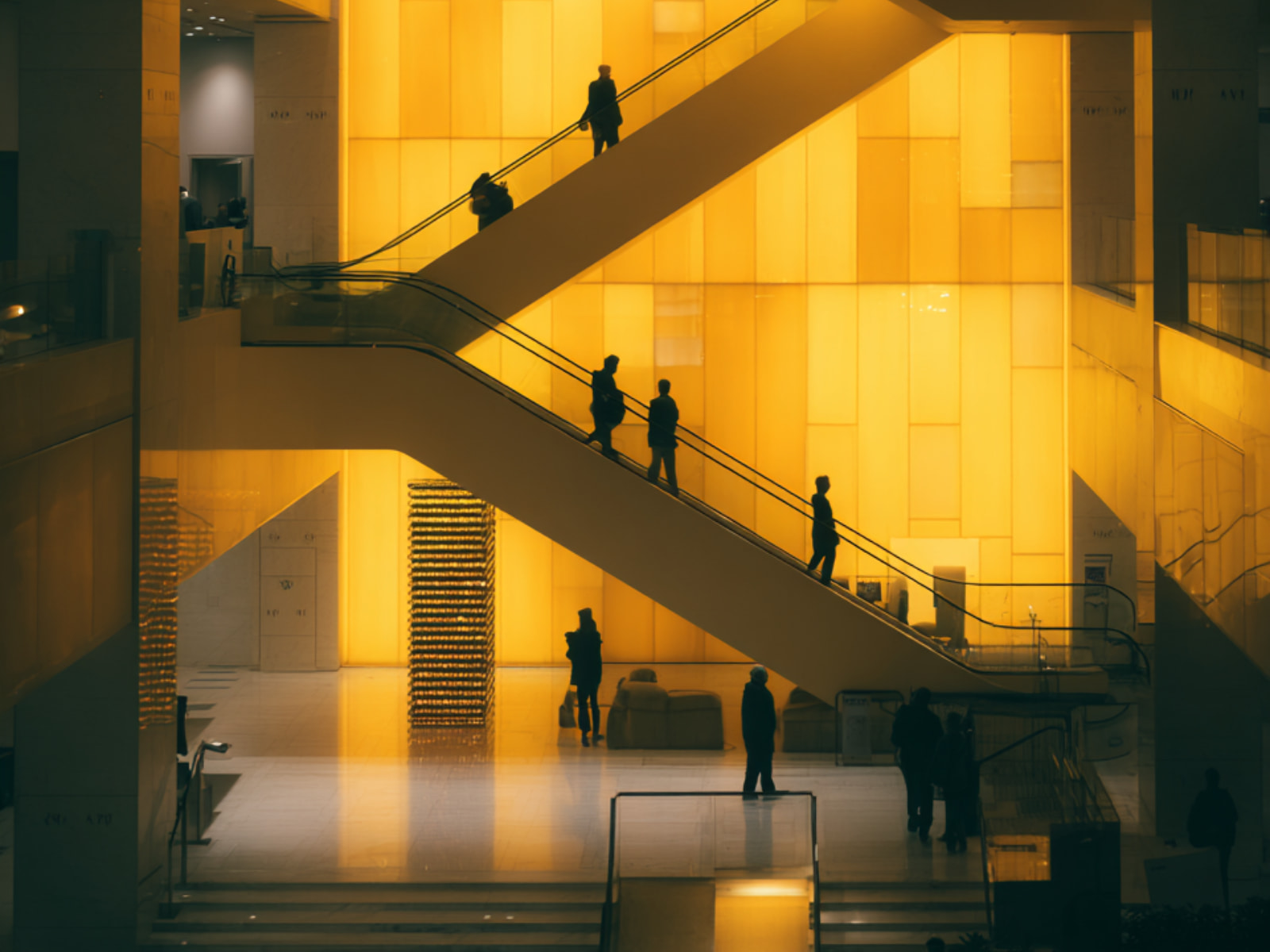 Atrium with figures on escalators in warm amber light